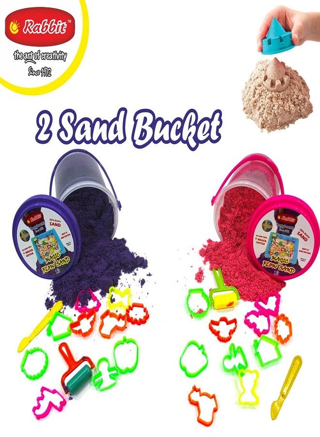 Rabbit Magic Flow 1KG Play Sand Bucket for Kids - Includes 20 Fun Moulds, Roller & Cutter | Soft, Mess-Free Sand for Creative Play & Sensory Fun | Age 5+ (Pink-Blue) - Image 1